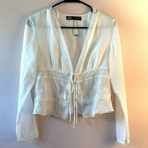 Zara White Embroidered Tie Front Blouse